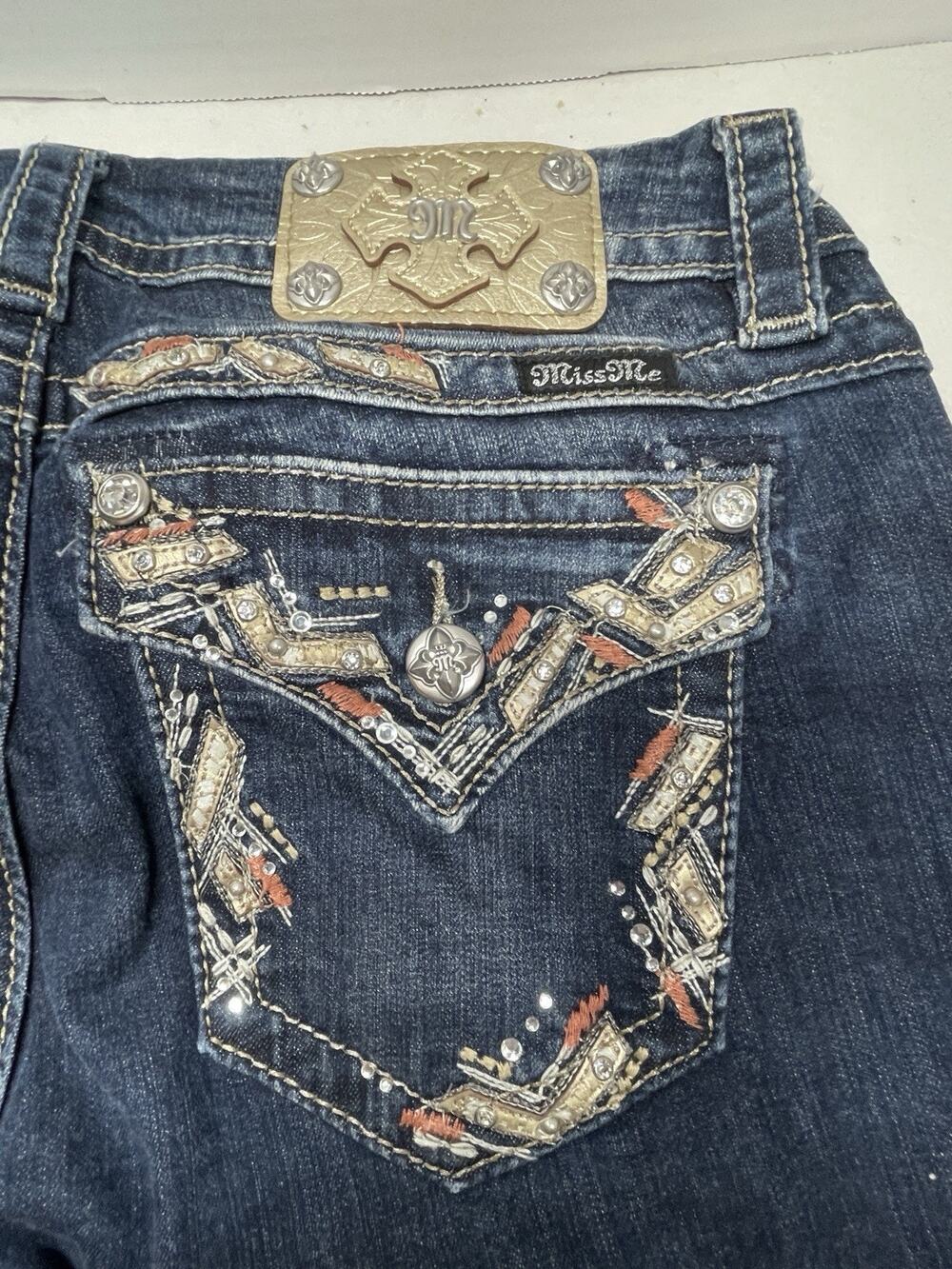 Miss Me Jeans Womens 29 Mid Rise Easy Boot Dark Wash Rhinestone Embellished
